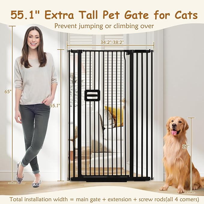 55'' Extra Tall Cat Gate, 34.2"-38.2" Wide Auto Close Tall Pet Gate for Doorways, Pressure Mounted High Dog Door Gate No Drilling Cat Fence Safety Baby Gate for Stairs, Doorways, Black