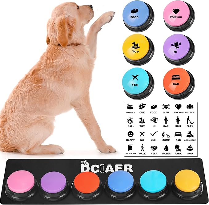 Dog Buttons for Communication,Talking Buttons for Dogs,6 Recordable Sound Buttons + 24 Scene Patterns + 1 Dog Button Mat+ 12 AAA Batteries，30 Seconds Dog Buttons for Pet Sound Training Toy