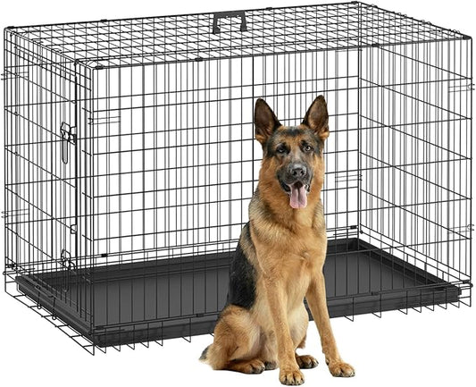 FDW Dog Crate 48-Inch Dog Cage Foldable Metal Kennel with Leakproof Tray Foldable Design Indoor Outdoor Use for XL Large Dogs,Dark Black