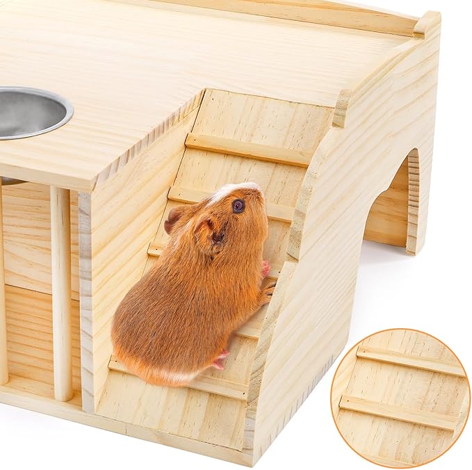 Coloch Wooden Guinea Pig Castle with Hay Feeder, Large Chinchilla Hideout with Feeding Bowl&Ladder Multi-Chamber Guinea Pig House for Guinea Pigs, Chinchillas, Hedgehogs