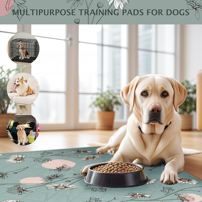 IEUUMLER Washable Pee Pads for Dogs, 1 Pack Non-Slip & Waterproof Pack Whelping Pad, Reusable Washable Puppy Potty Training Pad with Fast Absorbent for Playpen EU007 (Green Daisy, 48"X48"-1pcs)