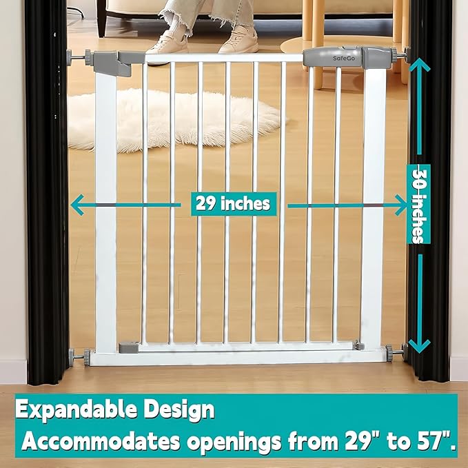 30.47"-32.64" Baby and Pet Safety Gate, 30" Tall Metal Walk-Thru Gate for Doorways & Stairs, Easy One-Hand Open, Dual Lock (White, 29" W x 30.5“H)