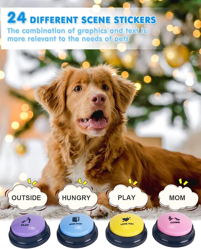 Acools Dog Buttons for Communication, 4 Dog Talking Button Set, Speaking Buttons for Cats and Dogs, 30s Voice Recordable Pet Training Buzzer with Waterproof Dog Activity Mat and 48 Scene Stickers