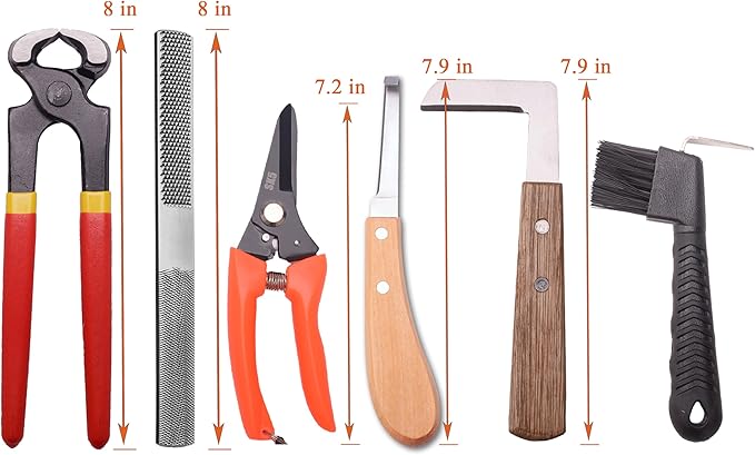 8 inch Farrier Tool Kits （9 Pcs） Mini Rasp Hoof File Goat Pig Equine Metal Shears Professional Farriers Hoof Nipper Cutter Handle Knife