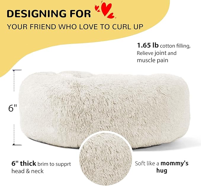 HACHIKITTY Calming Donut Cuddler Dog Bed, Round Fluffy Pet Bed for Small Dogs,Washable, Large, White, 24''
