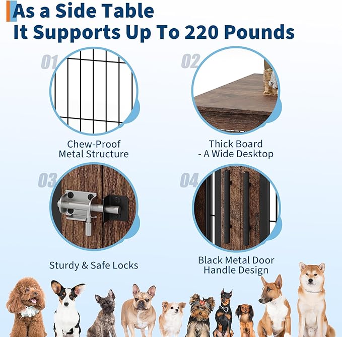 Farmhouse Dog Crate Furniture End Table - Heavy Duty Wooden Kennel Cabinet with Double Doors for Small/Medium Dogs, Rustic Brown Indoor Dog House Furniture Console for Living Room