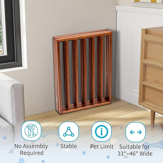 BONNLO Free Standing Dog Gate Indoor, Foldable Pet Gate for Dogs and Puppy, 24" Height Wooden Dog Gates for Doorways Extra Wide/Stairs/Hallways (Brown, 3 Panel)
