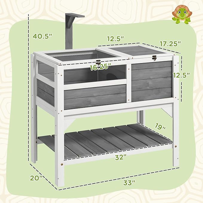 PawHut Tortoise Habitat with Shelf Storage, Tortoise Enclosure with Weather Protection, Reptile Gift Accessory, Reptile Enclosure with Tray, Light Support Frame, Light Gray
