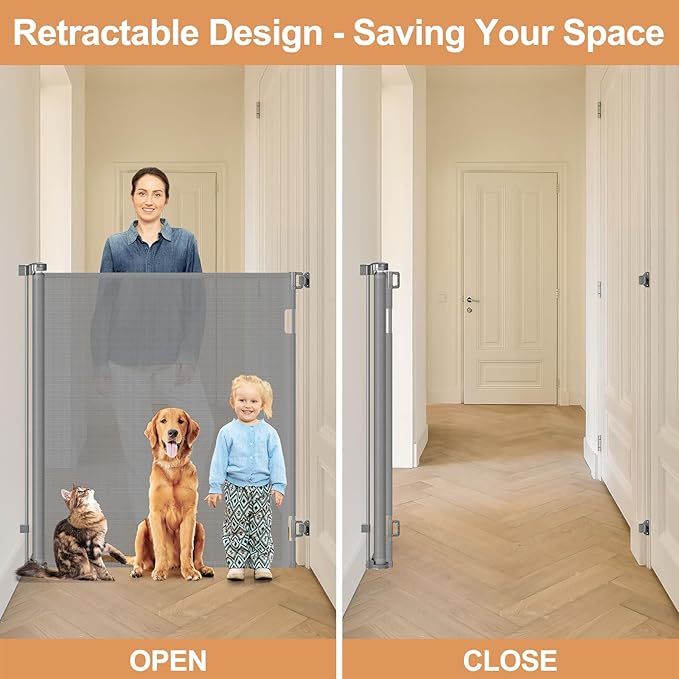 48" Extra Tall Retractable Dog Gate Indoor Prevent Your Baby/Dog/Cat from Jumping Over 55" Wide Extra Tall Retractable Baby Gate for Doorway Mesh Gates for Kids or Pets Puppy Gates for the House, Gray