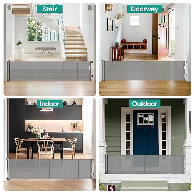 24 Inch Tall x 110 Inch Extra Wide Retractable Dog Gate for The House, Short Baby Gate to Step Over, Reinforced Mesh Puppy Gate for Doorways, Step Over Pet Gate for Stairs, Indoor/Outdoor, Gray