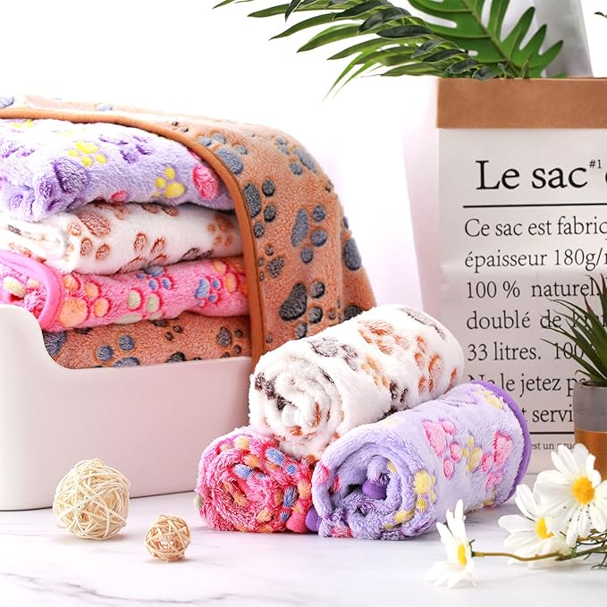 Tatuo 4 Pcs Dog Blanket for Pet Cat Blankets Indoor Puppy Teething Stuff Toys Paw Print Fleece Blanket Warm Sleep Mat for Guinea Pig Cage(White, Coffee, Pink, Purple,X-Large(41 x 30 Inch),Square)