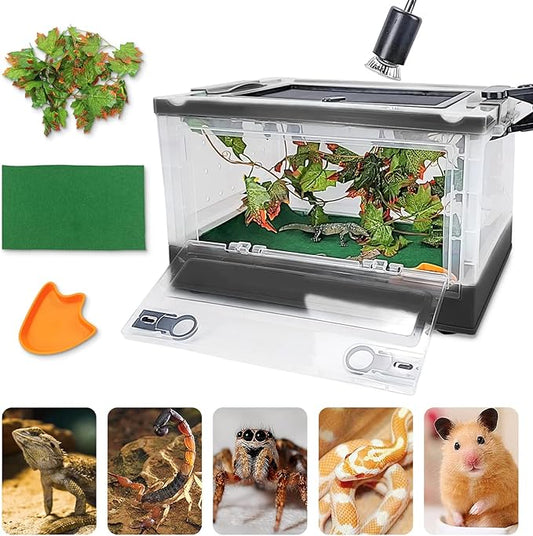 RunDuck Foldable Reptile Terrariums Kits with Plant, Feeding Bowl, Carpet, Easy to Carry, Easy to Move with Wheels, Heat-Resistant Material, Suitable for Lizard Tortoise Leopard Gecko (Black)