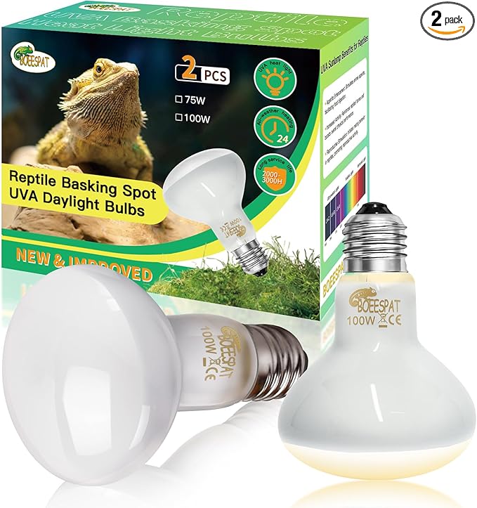 Pack of 2 Reptile Basking Light Bulbs - Incandescent 100W Simulated Sunlight UVA Heat Bulbs for Bearded Dragons, Geckos, Iguanas, Lizards, Amphibians & Small Pets