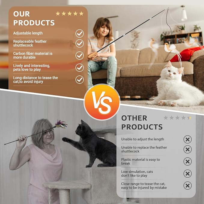 ROSAUI Cat Teaser Wand Toys, Interactive Bird Toys for Indoor Kittens, 42.15?€??€? Long Cat Fishing Pole Toys, 2Pcs Wires and 5Pcs Natural Refills, Sustainable Wooden Handles, Exercising, Playing - Image 6