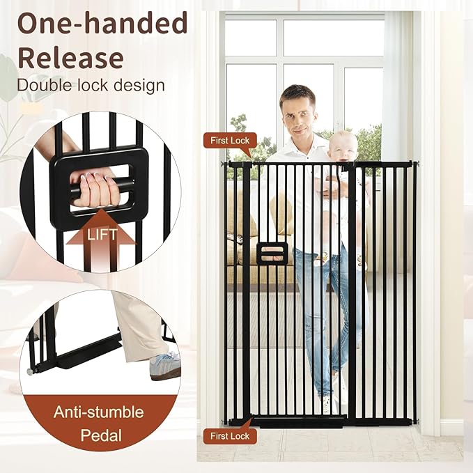 SMONTER 55" High Extra Tall Baby Gate, Safety Cat Gate for Doorways, Expands to 38.6"-42.5" Wide, Auto Close Dog Gate, No Drilling Pressure Mounted Cat Fence, Pet Gate Indoor for Stairs, Black