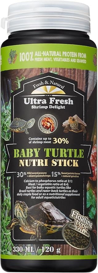 Ultra Fresh Floating Turtle Food, All Natural Ingredients, Wild Sword Prawn, Calcium Vitamin D Enriched for Picky Aquatic Baby Turtles, Nutri Stick 3.35 oz