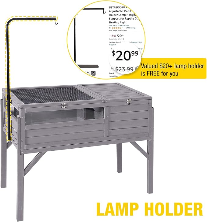 Aivituvin Tortoise Habitat Turtle Enclosure, Wooden Tortoise House Reptile Cage for Small Animals Indoor-Outdoor, Adjustable Lamp Holder Included