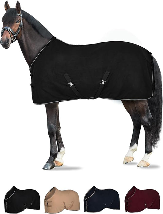 HORZE Kiel Fleece Horse Cooler Blanket | Quick-Dry Fleece Horse Cooler Sheet with X-Surcingles & Tail Cord - Black - 84 in