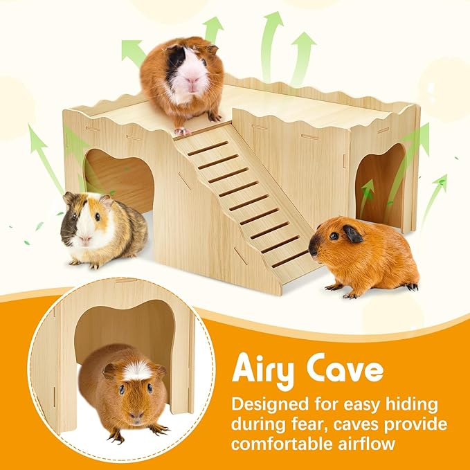 BNOSDM Upgraded Wooden Guinea Pig Hideout with Stair & Loft 2 Tier Detachable Cavy Castle 2 Door Small Animal House Habitat Dwarf Rabbit Climbing Toy Accessories for Cage