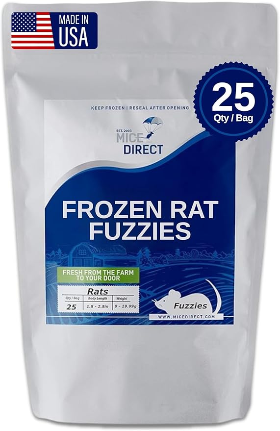 MiceDirect 25 Frozen Rat Fuzzies Feeders Snake Food for Adult Corn Snakes Ball Pythons (2-2.5 in)(225 Grams Min)