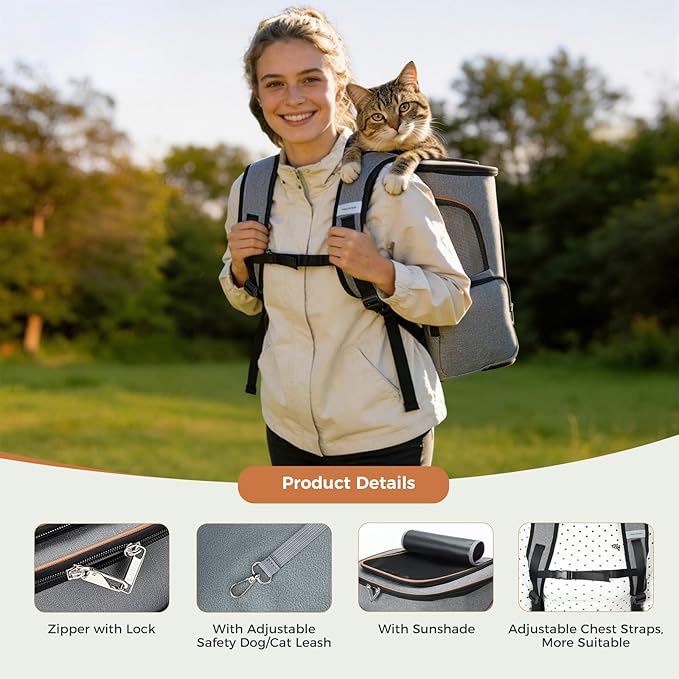 Large Cat Backpack Expandable Pet Carrier Backpack, Lekereise Dog Backpack Carrier for Small Dogs and Medium Cats, Grey