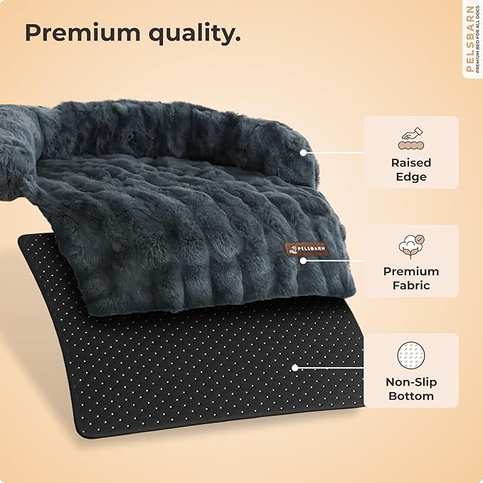 Pelsbarn Dog Bed for Couch, Luxurious Sofa Bed for Dogs with Non-Slip Oxford Bottom - Faux Rabbit Fur with Removable Cover, Large, Gray - 33x33 in