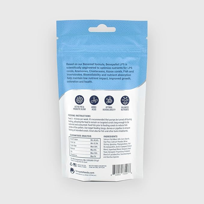 BenePellet LPS Sinking Coral Reef Food - Optimize Coral Color, Health & Nutrients, Prebiotics & Probiotics, Saltwater Marine Aquarium 2.5mm Sinking Pellets - 76 Grams