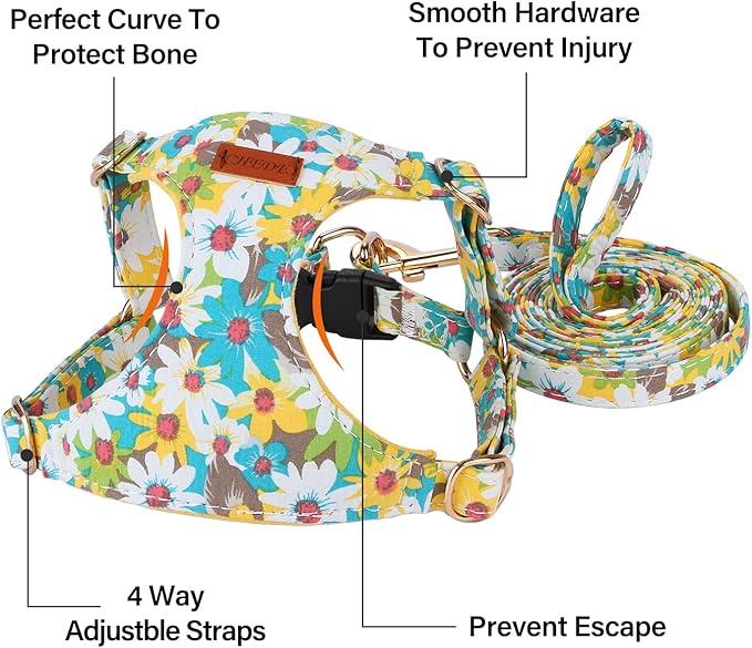 CHEDE No Pull Floral Pattern Dog Harness- Lightweight and Soft Harness, Adjustable Small Dog Harness and Leash Set, with Dog Leash, Suitable for Puppy Small and Medium-Sized Dog