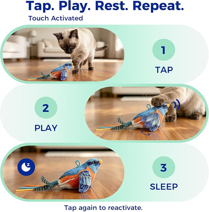 Interactive Flapping Bird Cat Toy for Indoor Cats, Auto Chirping Cat Toys, Touch Activated Rechargeable Self Play for All Breeds Cat Kicker Toys, with 5 Bird Covers and Catnip Pouches - Image 3