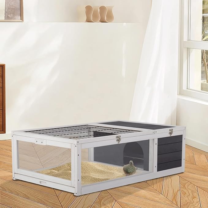 Wooden Tortoise Habitat Indoor & Outdoor Large Transparent Tortoise Enclosure in Gray with Rest Area, Activity Area and Removable Tray for Small and Medium-Sized Animals