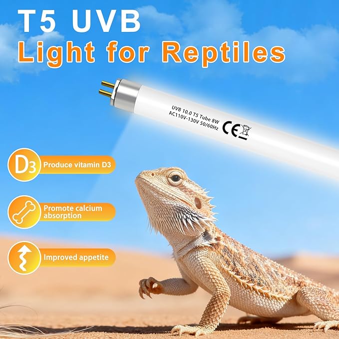 T5 10.0 UVB Light Bulb for Reptiles, 8W HO UVB Reptile Lamp Bulb, 2 Pack 12 Inch UVA UVB Fluorescent Lamp Tube for Bearded Dragon Leopard Gecko Tortoise Lizards