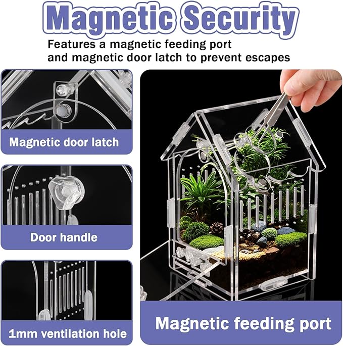 Jumping Spider Enclosure Kit Acrylic Terrarium for Tarantulas, Reptiles & Praying Mantis | Magnetic Feeding Port & Secure Latch | Arboreal Enclosure with Ventilation & Front Door