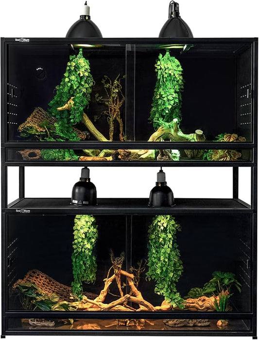 Stackable PVC Reptile Enclosure 44x20x20 inch, 76 Gallon Modular Terrarium, Additional Top Cover, Tempered Glass Sliding Doors & Lock, Front Opening Habitat (2 Pack, Black)