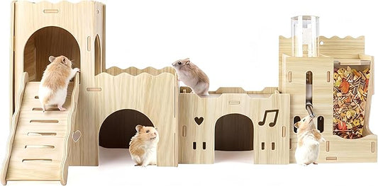 Hamster Hideout House, Multi-Chamber Hamster Castle with Water Bottle, Large Wooden Mouse Playground with Climbing Ladder, Habitat for Syrian Dwarf Gerbils Mice and Small Pets
