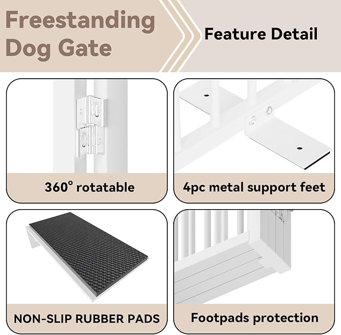 SNUOWU Full Metal Freestanding Dog Gate with Door, 32''Height Foldable Pet Dog Fence for Indoor & Outdoor, 6 Panels Extra Wide Free Standing TallDog Gates for Doorways,House,Stairs,Porch,Deck,Yard