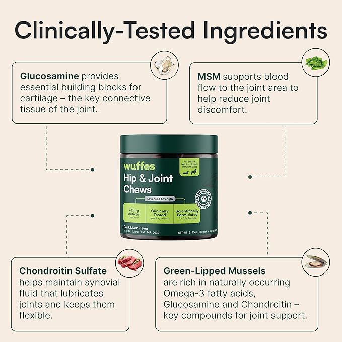 Wuffes Advanced Dog Hip and Joint Supplement with Glucosamine, Chondroitin, Omega 3, MSM, and Green Lipped Mussel, 60 Pork Flavored Chews for Small and Medium Dog Breeds