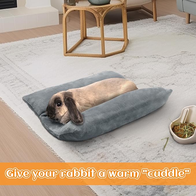 MEWTOGO 15.7" x 14" Bunny Bed for Rabbit Cage - Thickened Soft Prevent Sore Hocks Plush Mat with Cotton Lounger Pillows, Small Animal Flop Mat for Hutch Sleeping Indoor, Gray