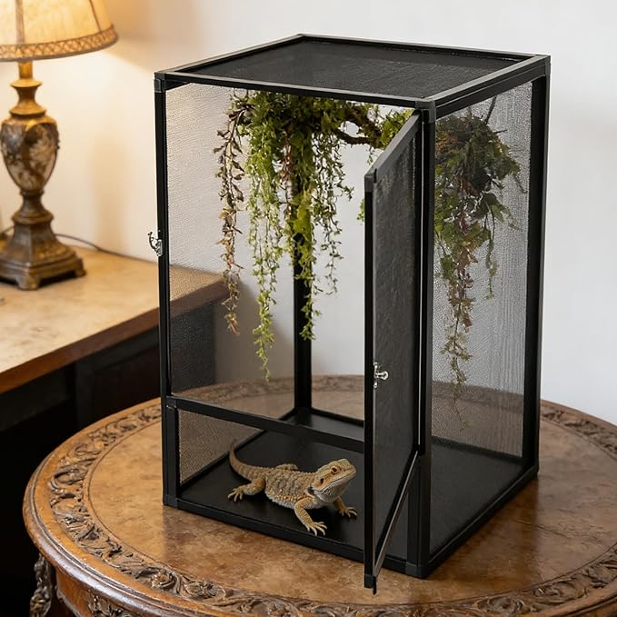 Reptile Terrarium Tall Reptile Tank Mesh Ventilation Durable Aluminum Frame Easy Assembly Micro Habitat Terrarium Enclosure for Chameleons Lizards/Iguanas Snakes Small Animals 17.7"x17.7"x31.5"
