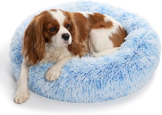 Calming Dog Bed for Medium Dogs Washable Donut 30 inches Anti-Slip Pet Bed,Round Fluffy Plush Faux Fur Cat Bed,Fits up to 45 lbs Pets,Gradient Blue