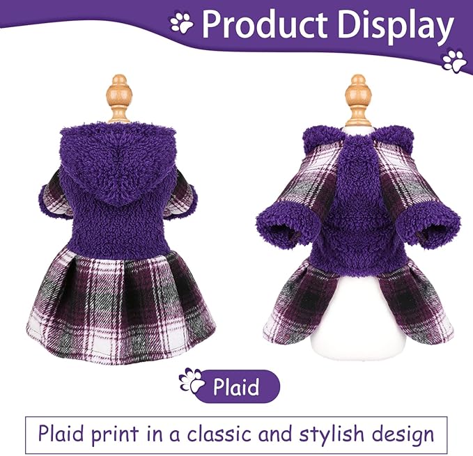DaFuEn Dog Sweater,Dog Dress, Dog Sweaters Dresses for Small Dogs,Cute Warm Fleece Hooded Sweater for Small Dogs, Plaid Puppy Dresses Clothes Chihuahua Yorkie Cat Apparel （Purple,S