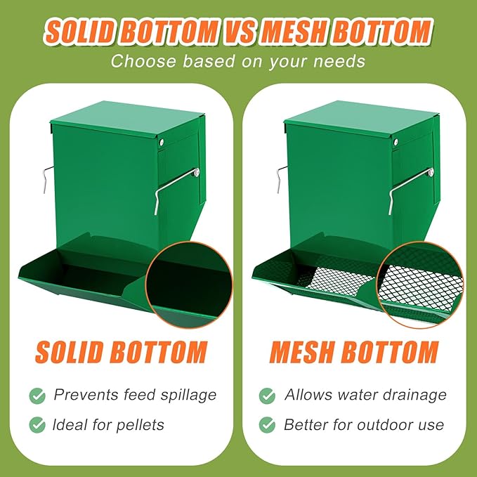 Maxcheck 2 Pcs Rabbit Feeder for Cages Small Animal Food Pellet Dispenser with Lid Metal Chicken Grit Oyster Shell Squirrel Feeders Outside(4.7 Inches,Solid Bottom,Green)