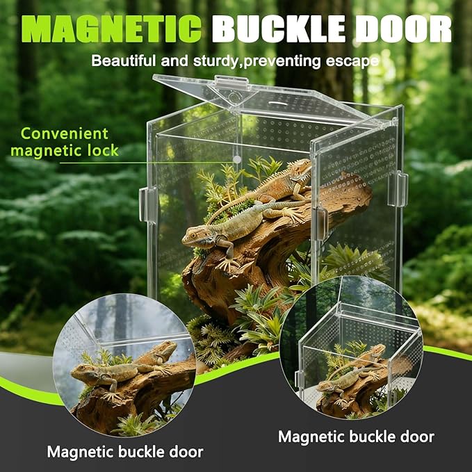 Jumping Spider Enclosure, Small Reptile Insect Terrarium, Spider Tank with Magnetic Door & All-Side Vent, Pre-Assembled Habitat for Spiderling, Mantis, Tarantula, Snail 7.8" * 4.7" * 4.7 (Vertical)