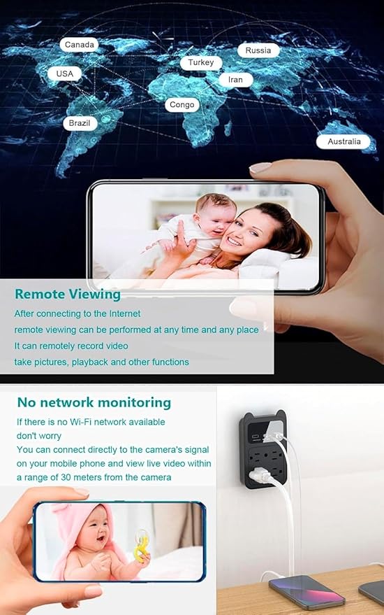 Hidden Camera Wall Outlet Camera, 2K HD Wireless Nanny Cam with 120° Wide Angle Loop Recording Motion Detection Easy Setup for Home, Pets & Office Indoor Security-Black (Black)