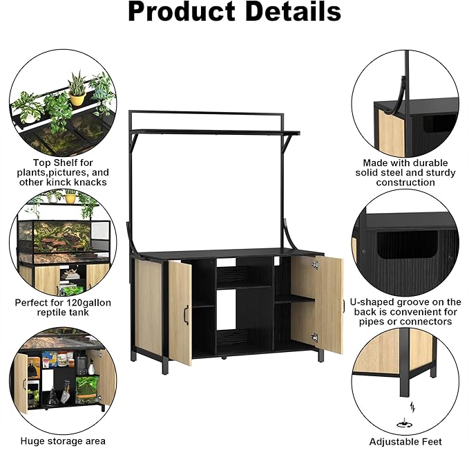 GDLF Reptile Tank Stand Terrarium Stand with Cabinet for Accessories Storage 48" X 24" Tabletop Fits up to 120 Gallon Bearded Dragon, Reptile Terrarium,Turtle Tank,Natural Wood Color