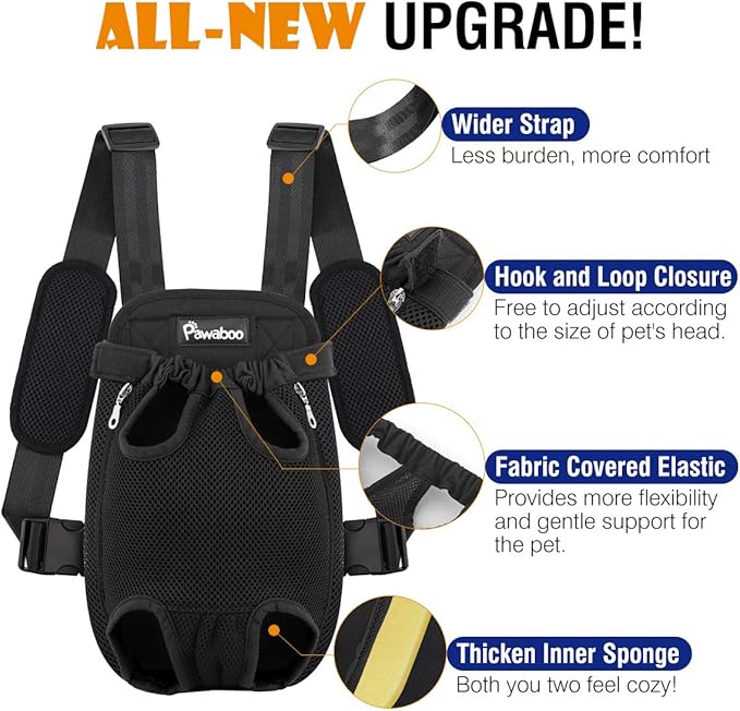 Pawaboo Pet Carrier Backpack, Pet Front Dog Cat Carrier Backpack, Legs Out, Easy-Fit for Traveling Hiking Camping, Travel Bag Backpacks for Small Dogs Cats 5-8lbs, M, Black