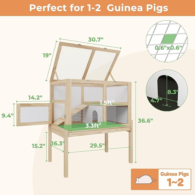 Guinea Pig Cages for 2, Rabbit Hamster Cage with Wooden Stand, 2-Story Large Indoor Small Animal House with a Pull Out Tray and Ramp, Guinea Pig Hideout Platform for Hamster,Natural