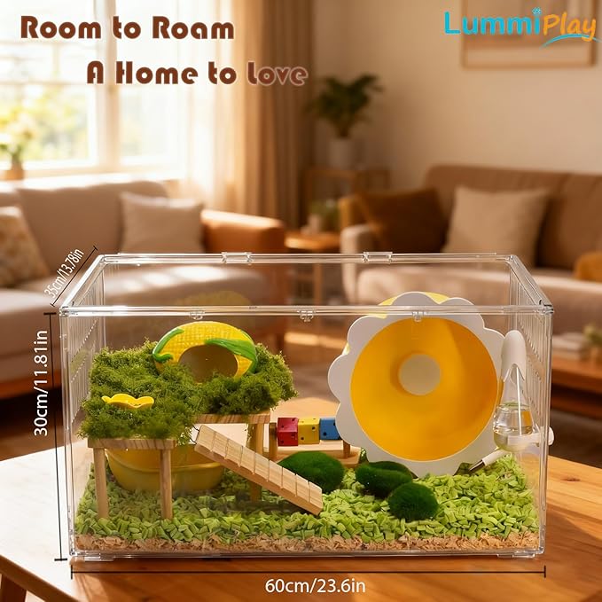 Large Clear Hamster Cage, 23.6 x 13.8 x 12.2 Inches, Transparent Pet Habitat with Ventilation and openable Top Cover, cage only