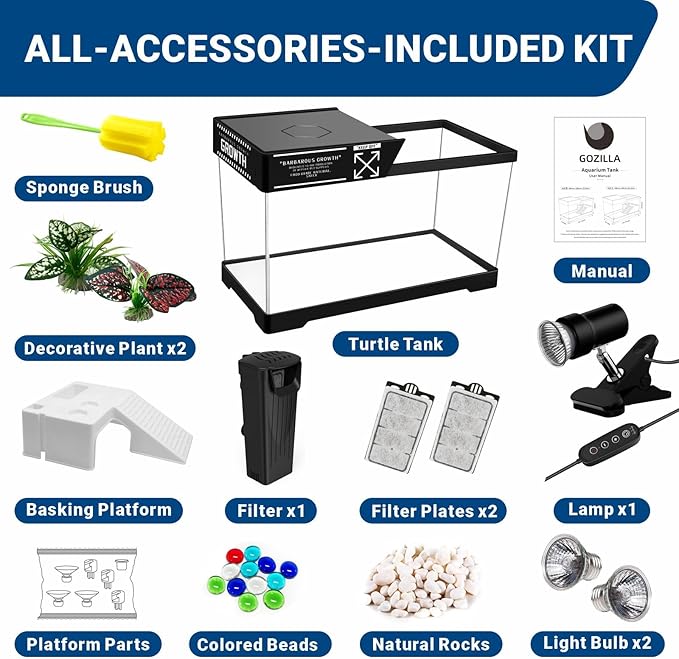 GOZILLA Turtle Tank Kit(Tank+Lamp+Filter), Upgrade PC Turtle Tank Starter Kit with Adjustable Lamp & Filter, Reptile Habitat with Lid, Basking Platform for Small Reptiles.(15.75 × 7.9 × 9''/Black Kit)