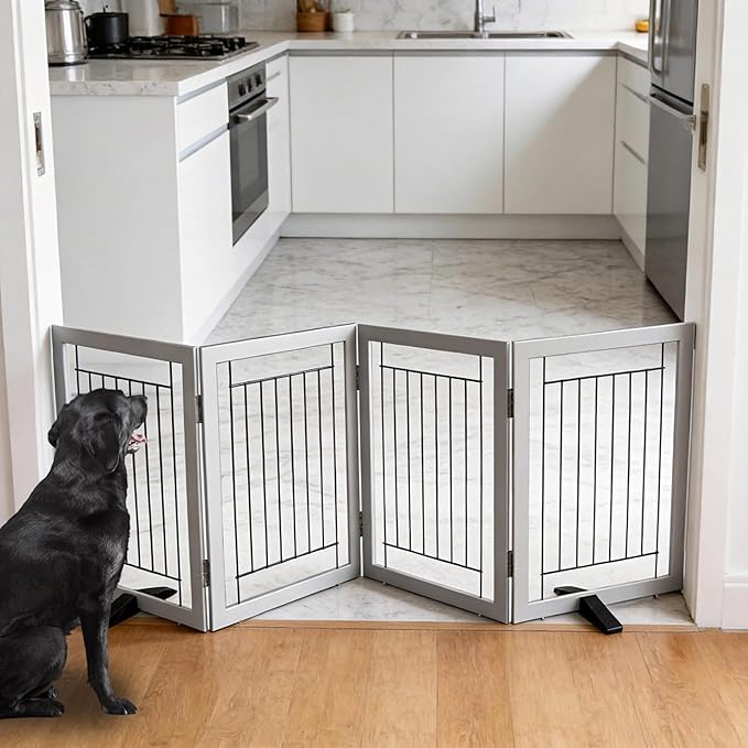 ZJSF Freestanding Dog Gate Indoor, Foldable Dog Fence for Doorways,Hallways or Stairs, Sturdy Wood Extra Wide Pet Gate with Support Feet,Grey,24 "Height-4 Panels