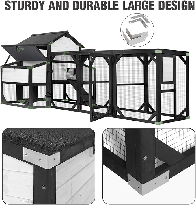 Large Chicken Coop with Run - Wooden Hen House with 6 Nesting Boxes and Removable Tray, 41.3ft² Poultry Pet Hutch Run Cage with Waterproof Asphalt Roof, fold Out House for 4-6 Chickens (White)